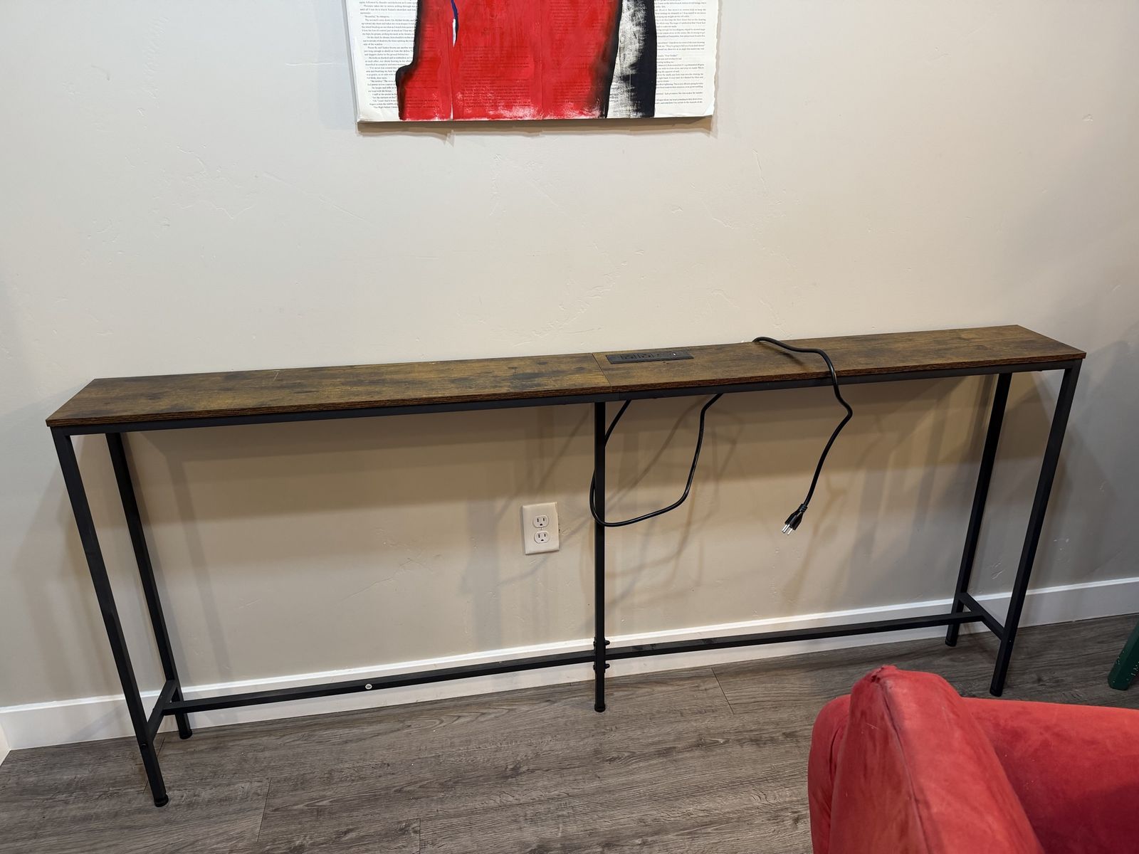 Industrial Style Console Table with Built-in Power Outlets & USB Ports - Rustic Brown & Black, Slim Design