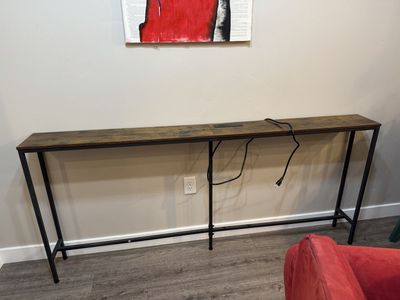 Industrial Style Console Table with Built-in Power Outlets & USB Ports - Rustic Brown & Black, Slim Design