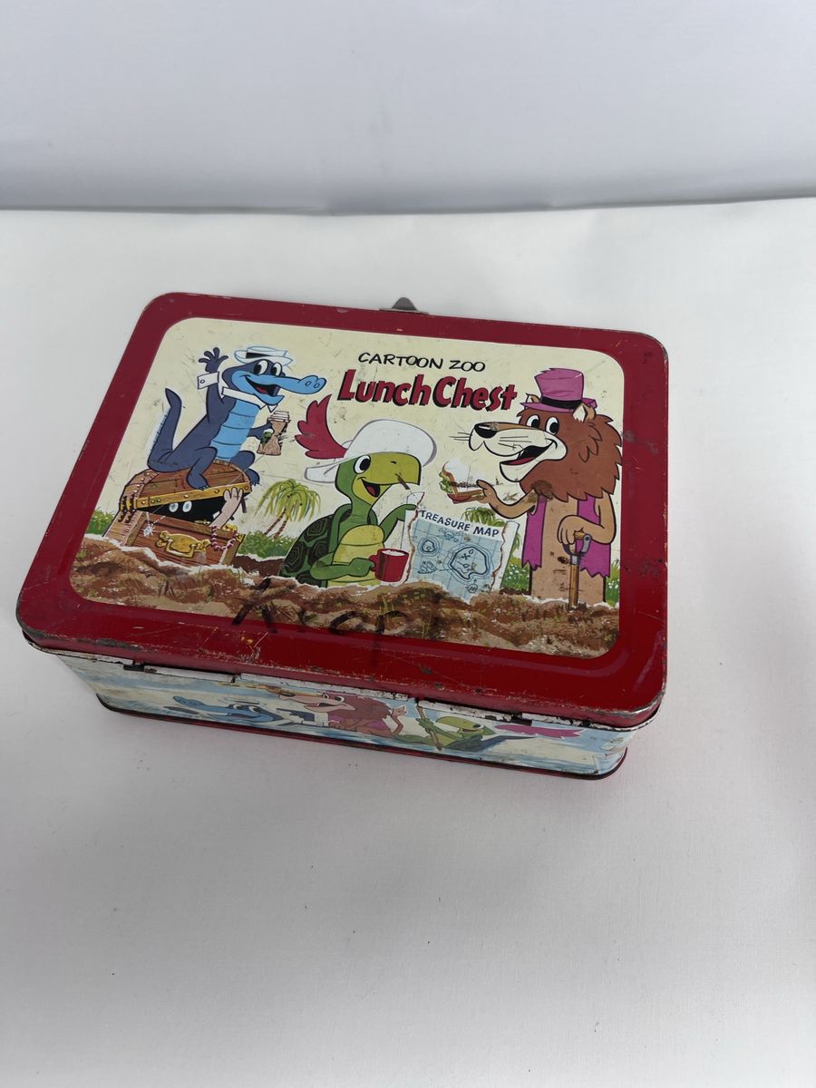 Vintage 1963 Cartoon Zoo Lunch Chest Metal Lunchbox Treasure Map Design
