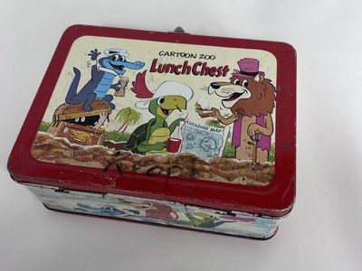 Vintage 1963 Cartoon Zoo Lunch Chest Metal Lunchbox Treasure Map Design