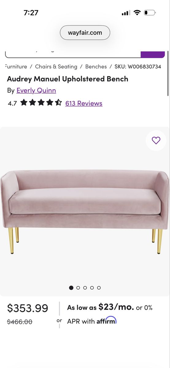 Everly Quinn Audrey Manuel 52" Pink Velvet Upholstered Bench with Gold Legs