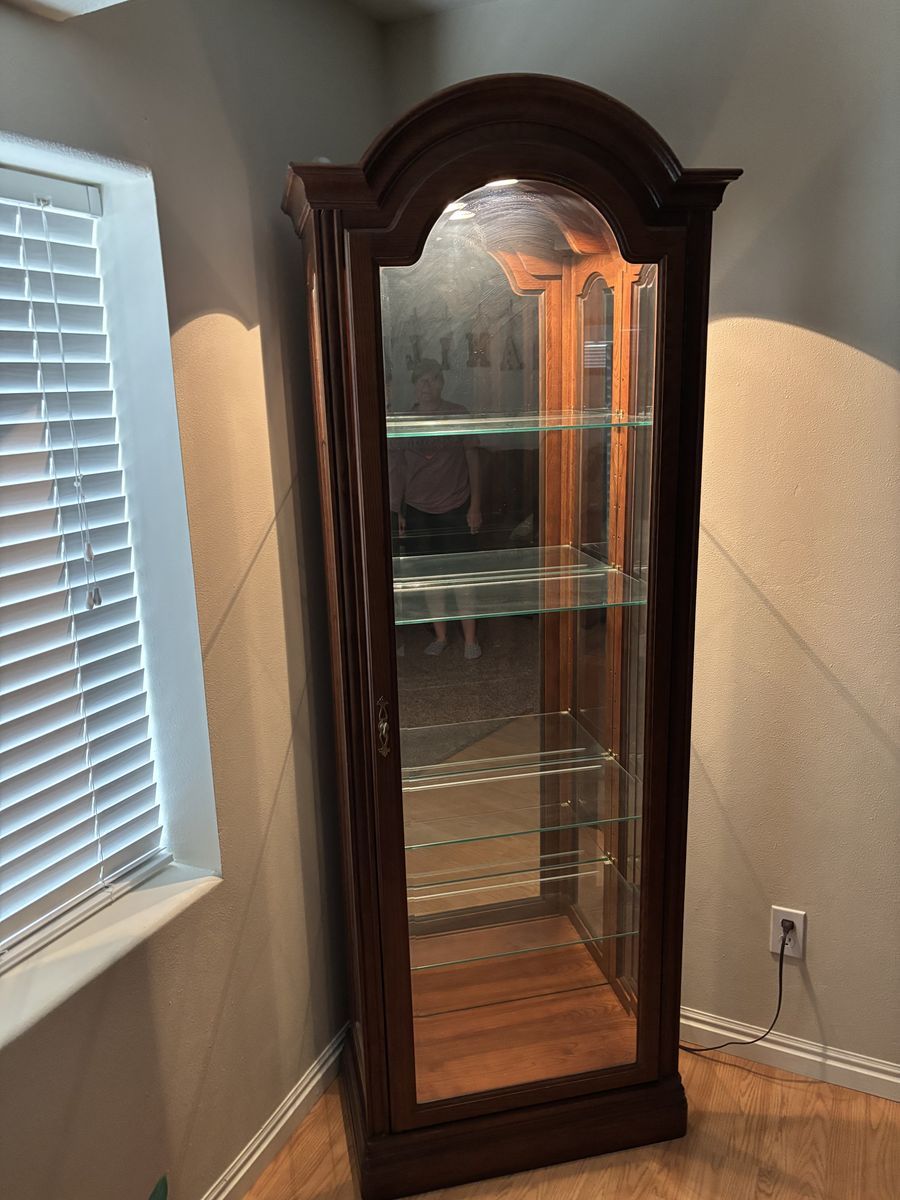 Wooden Curio Cabinet with Glass Shelves and Interior Lighting