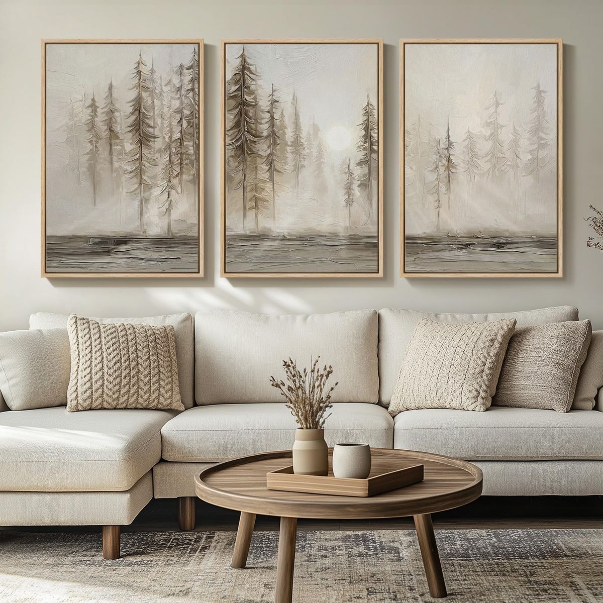 New Framed Neutral Wall Art for Living Room, Large 3 Piece Abstract Pastel Forest Landscape 24x36