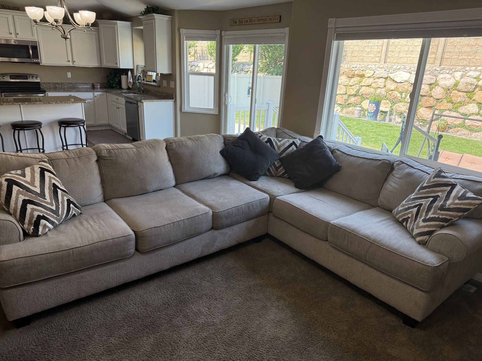 Moving Sale: Spacious Light Beige Fabric Sectional Sofa - L-Shaped, Comfort Seating