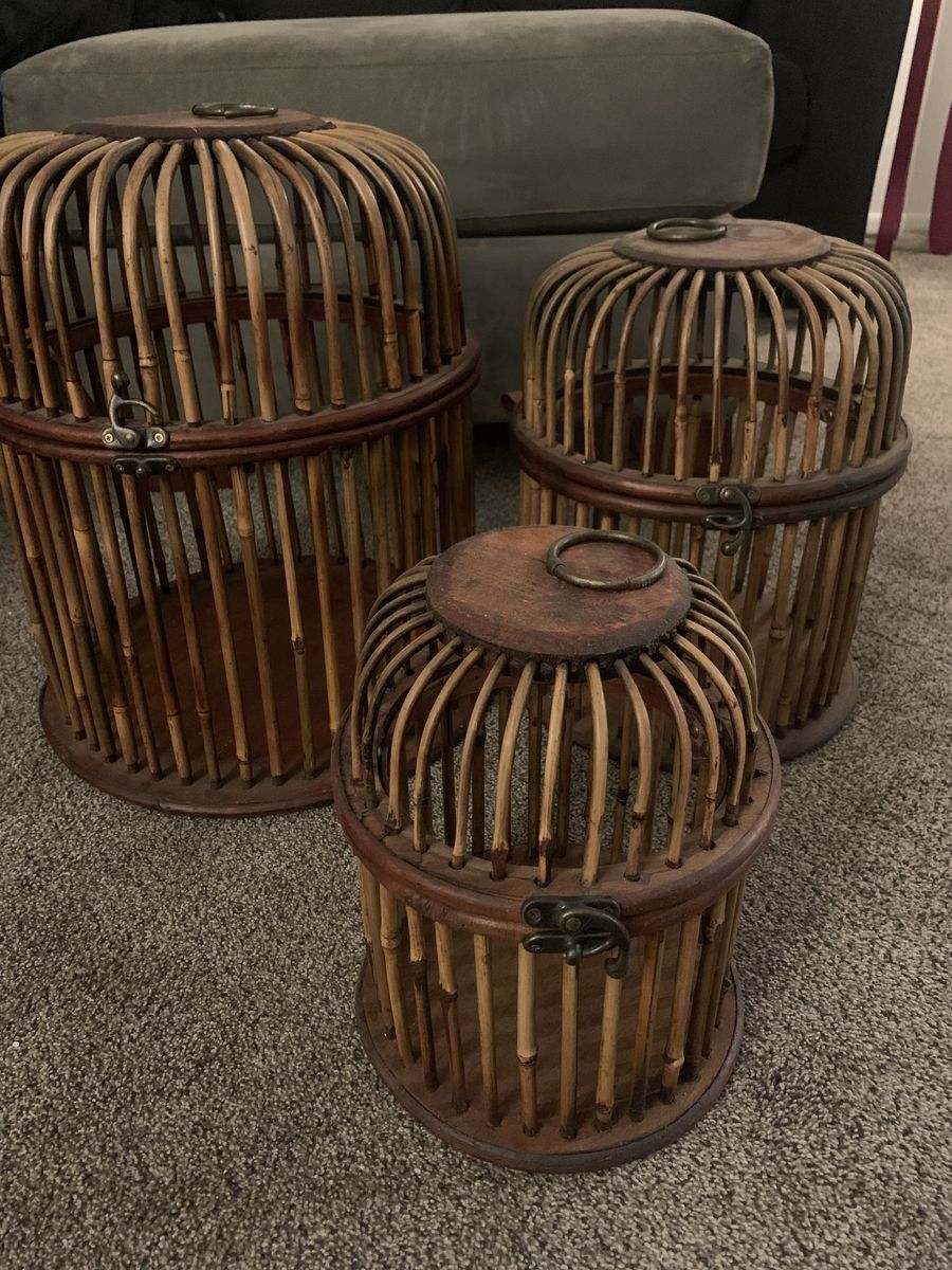 3 VINTAGE HANDWOVEN BAMBOO BIRDCAGES