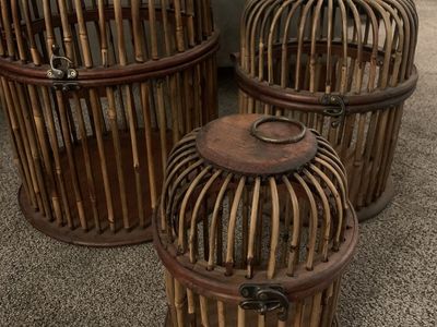 3 VINTAGE HANDWOVEN BAMBOO BIRDCAGES