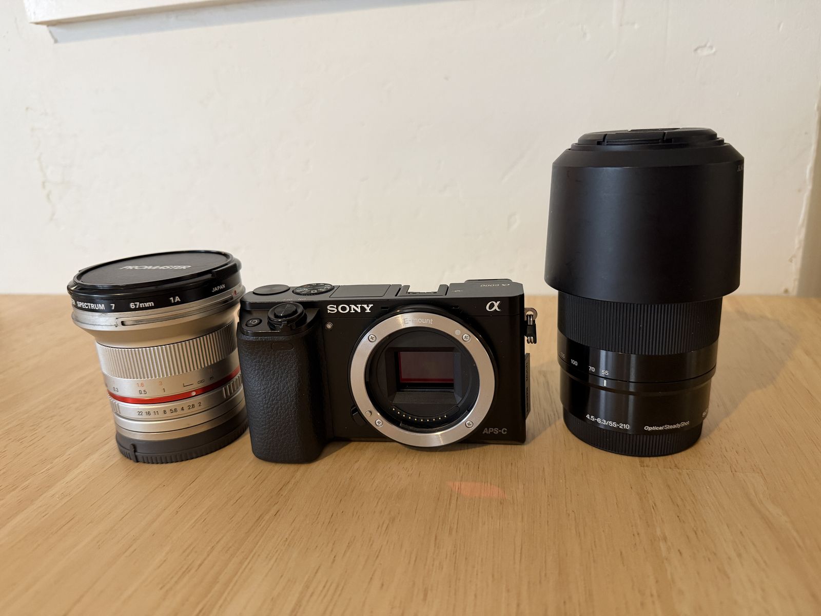 Damaged Sony A6000 w/ Sony E 55-210mm F4.5-6.3 OSS and promaster spectrum 7 67mm lens
