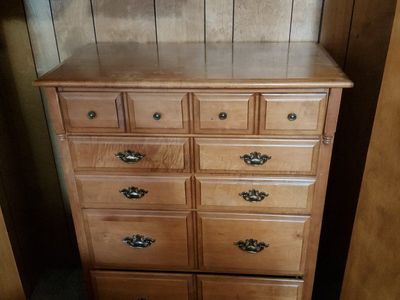 Oak Finish Bedroom Set - Full Size Bed, Dresser with Mirror, Chest of Drawers, Nightstand