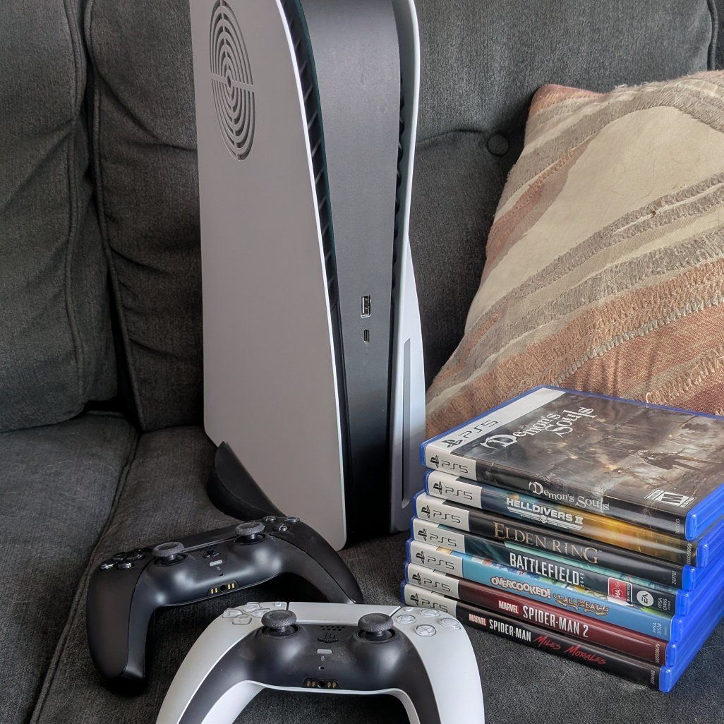 PS5 Disc Edition w/dbrand Plates, Games, and Contr