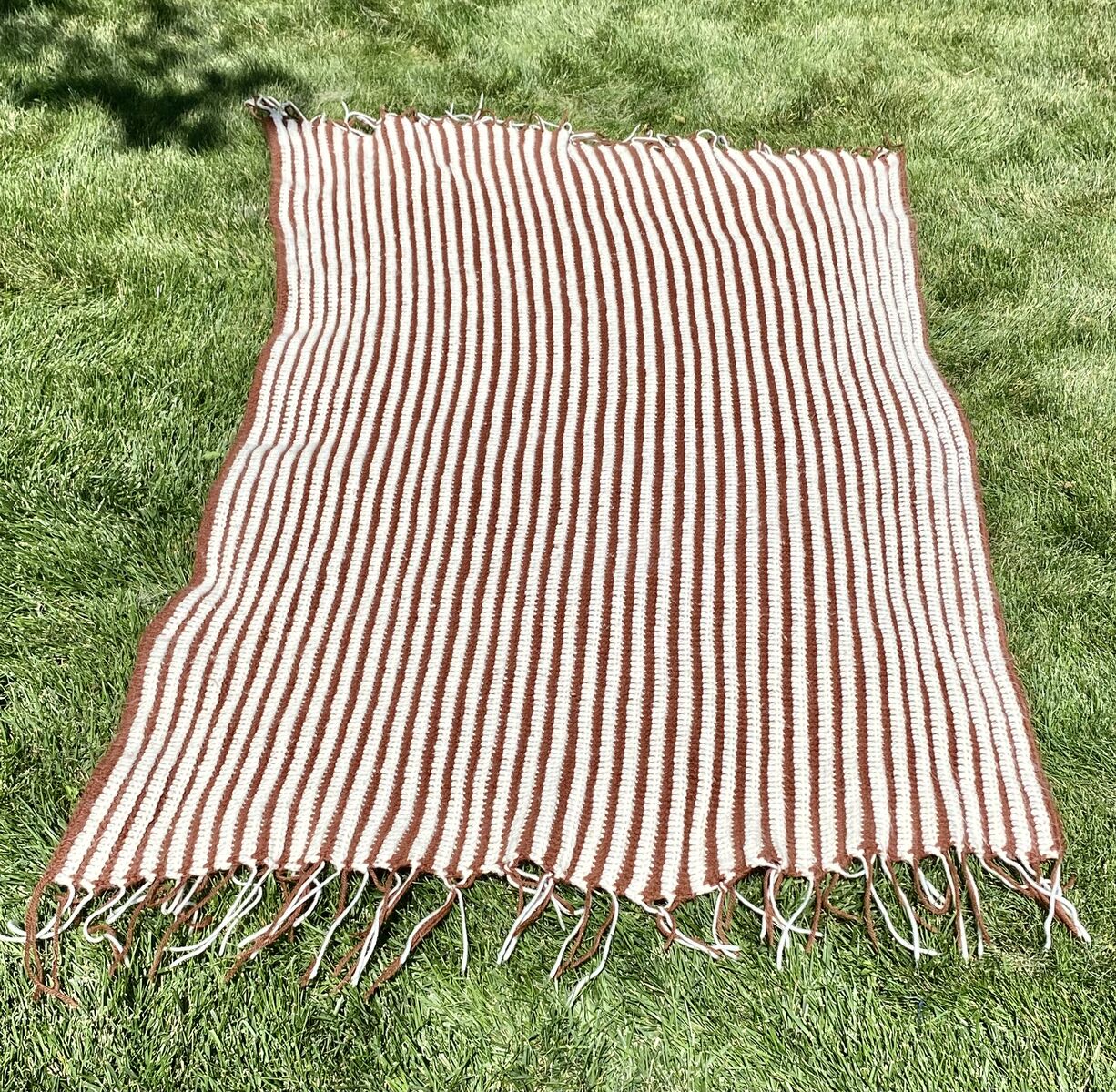 Large 40x62 Vintage Handmade Blanket in Shades of Brown and Cream Stripes- Great Texture -C PIX