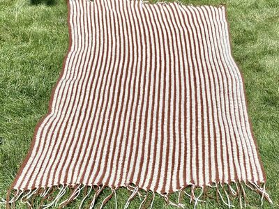 Large 40x62 Vintage Handmade Blanket in Shades of Brown and Cream Stripes- Great Texture -C PIX