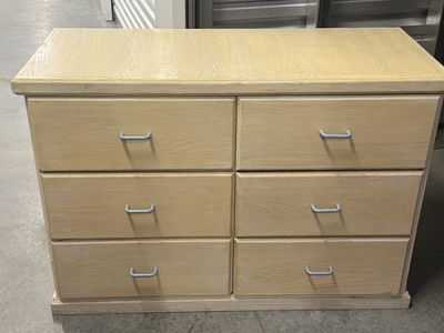 Light Wood Grain 6-Drawer Dresser with Blue Handles