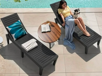 Brand New set of 2 Black Chaise Lounge Chair Set, adjustable, waterproof