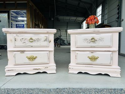 Pair of Vintage Distressed Light Pink Nightstands with Brass Hardware