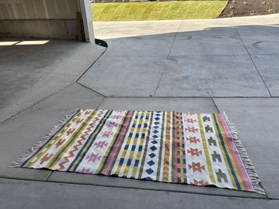 Colorful Southwest Style Kilim Area Rug - Bohemian Geometric Pattern, Fringed