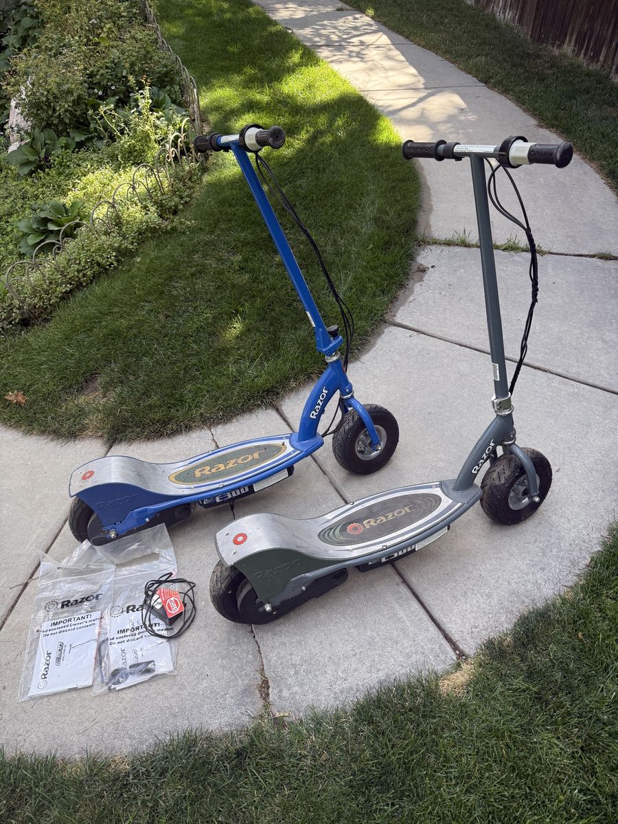 Razor E300 Electric Scooters - Set of 2 (Blue & Gray) with 1 Charger and Manuals