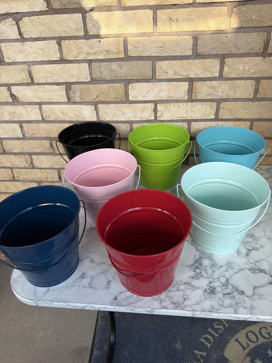 Colorful Metal Buckets (7 pc) - Red, Blue, Pink, Green, Black, Light Blue, Mint Green