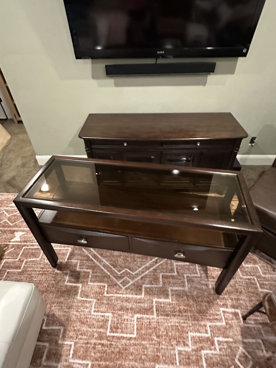 Dark Wood Sofa or Entry Table with Glass Top and Storage Drawers