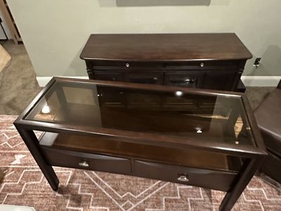 Dark Wood Sofa or Entry Table with Glass Top and Storage Drawers