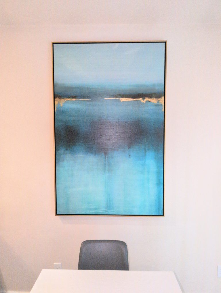 Huge Framed Abstract Canvas Wall Art - Blue & Gold Foil Landscape Painting