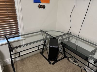 Glass L-Shaped Corner Computer Desk with Pull-out Keyboard Tray