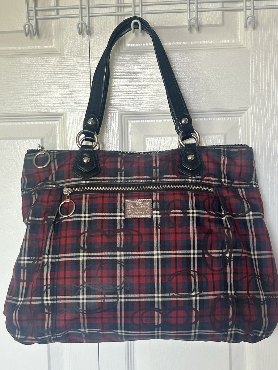 Coach Poppy Plaid Signature C Tote Bag Red Black Blue