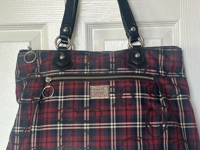 Coach Poppy Plaid Signature C Tote Bag Red Black Blue