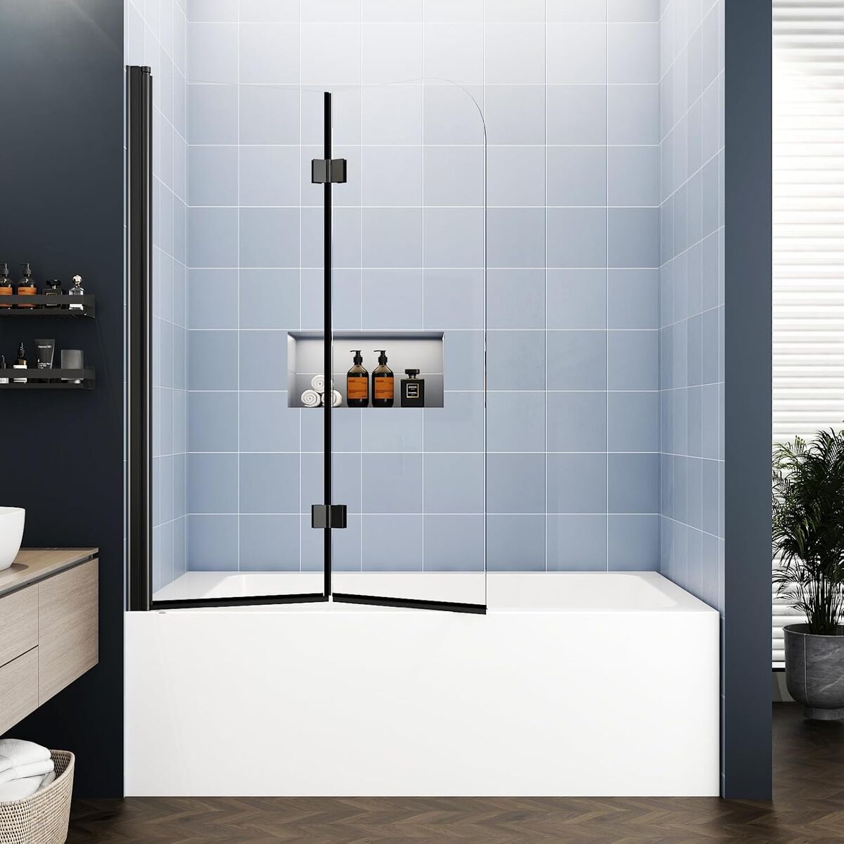 42"W x 55"H Matte Black Semi-Frameless Bath Tub Shower Door Foldable Hinged Bathtub Glass Door