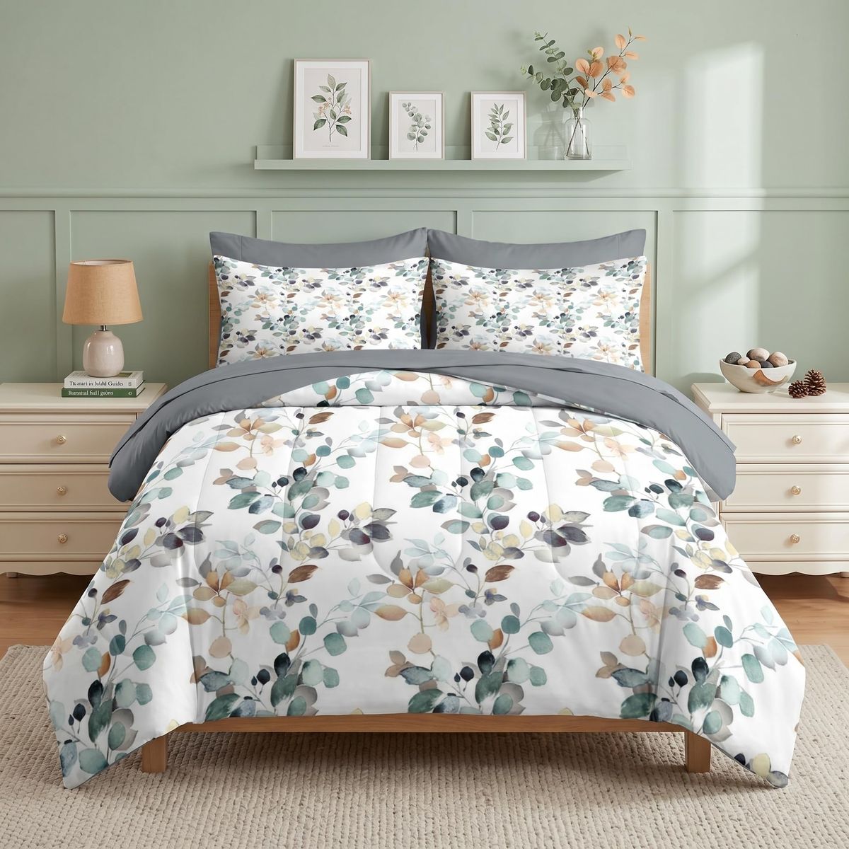 New! King! Nesker Comforter Set King Size, Eucalyptus Leaves 7 Pcs Bedding for Kids and Adults, Watercolor Branches Plants