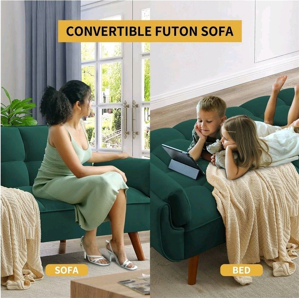 ️ FUTON SOFA BED, CONVERTIBLE LINEN GREEN ️BRAND NEW
