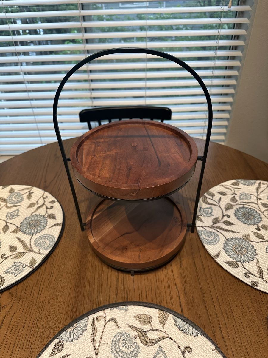2-Tier Wood & Metal Round Serving Tray Stand - Rustic Farmhouse Decor