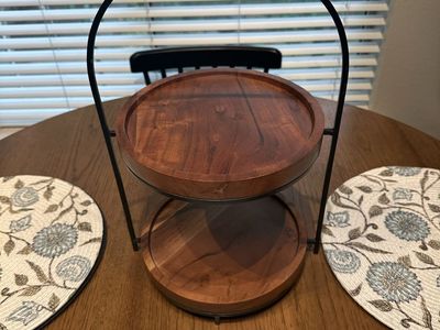 2-Tier Wood & Metal Round Serving Tray Stand - Rustic Farmhouse Decor