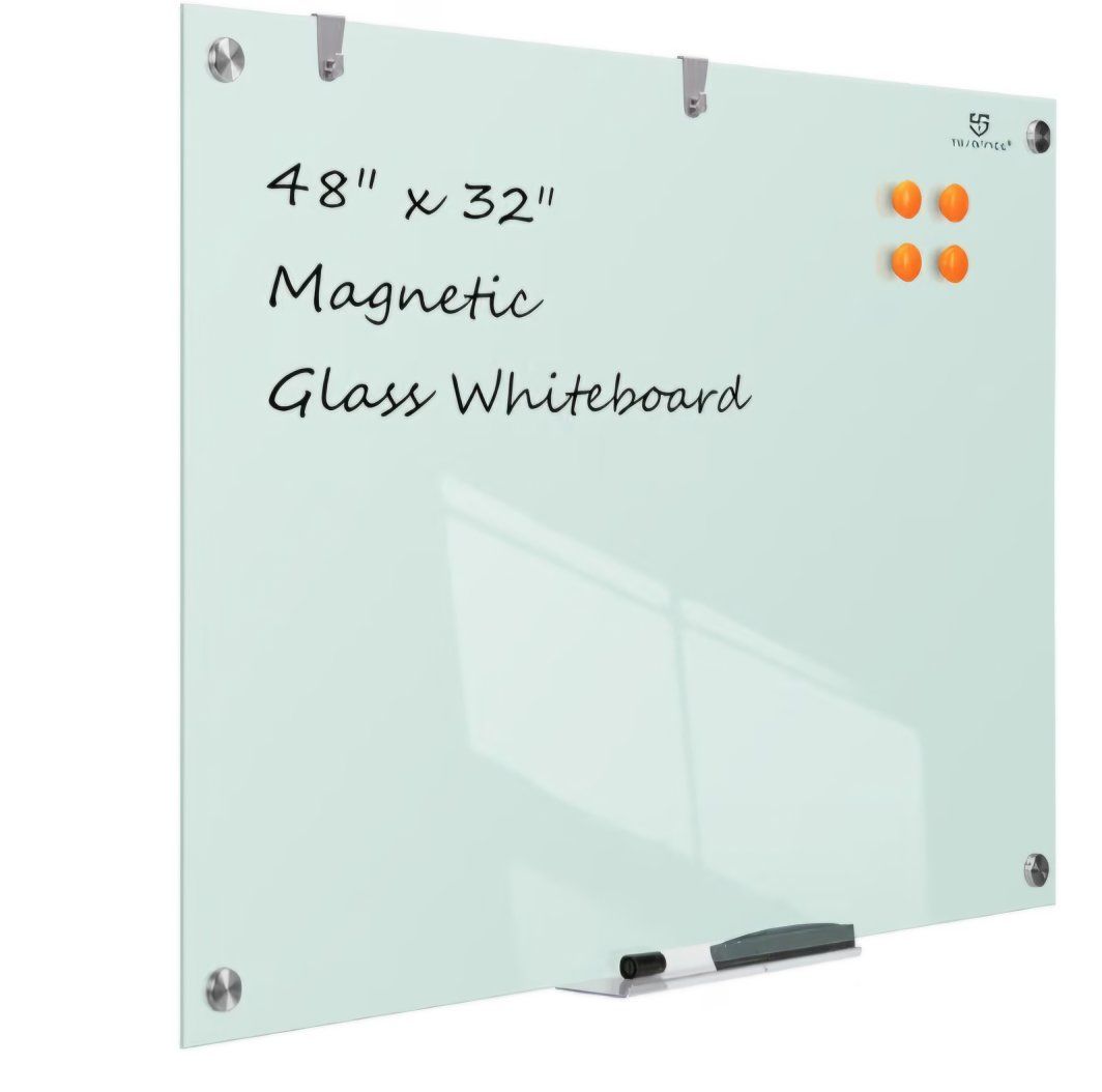 Glass Dry-Erase Board - 48 x 32 Inches Wall Mounted Glass Magnetic Whiteboard, Large Frameless White Board for Office, Home & Sc