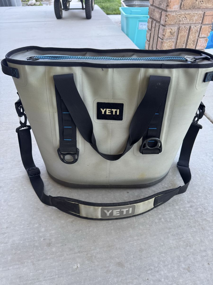 YETI Hopper 30 Soft Sided Cooler Tan/Blue - Portable Insulated Bag with Shoulder Strap