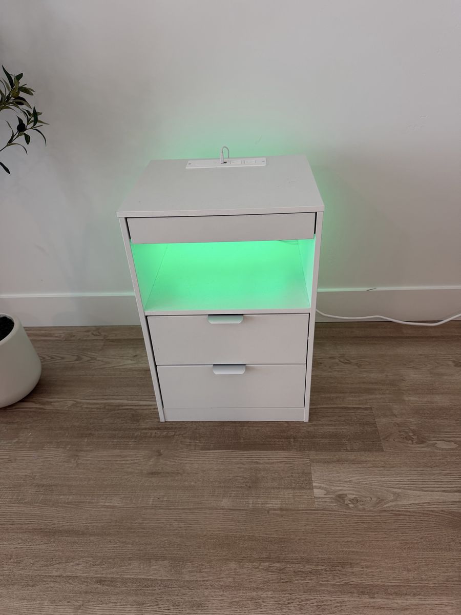 Modern White Nightstand with LED Lighting & Built-in Charging Ports - 2 Drawers, Open Shelf