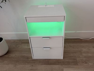 Modern White Nightstand with LED Lighting & Built-in Charging Ports - 2 Drawers, Open Shelf
