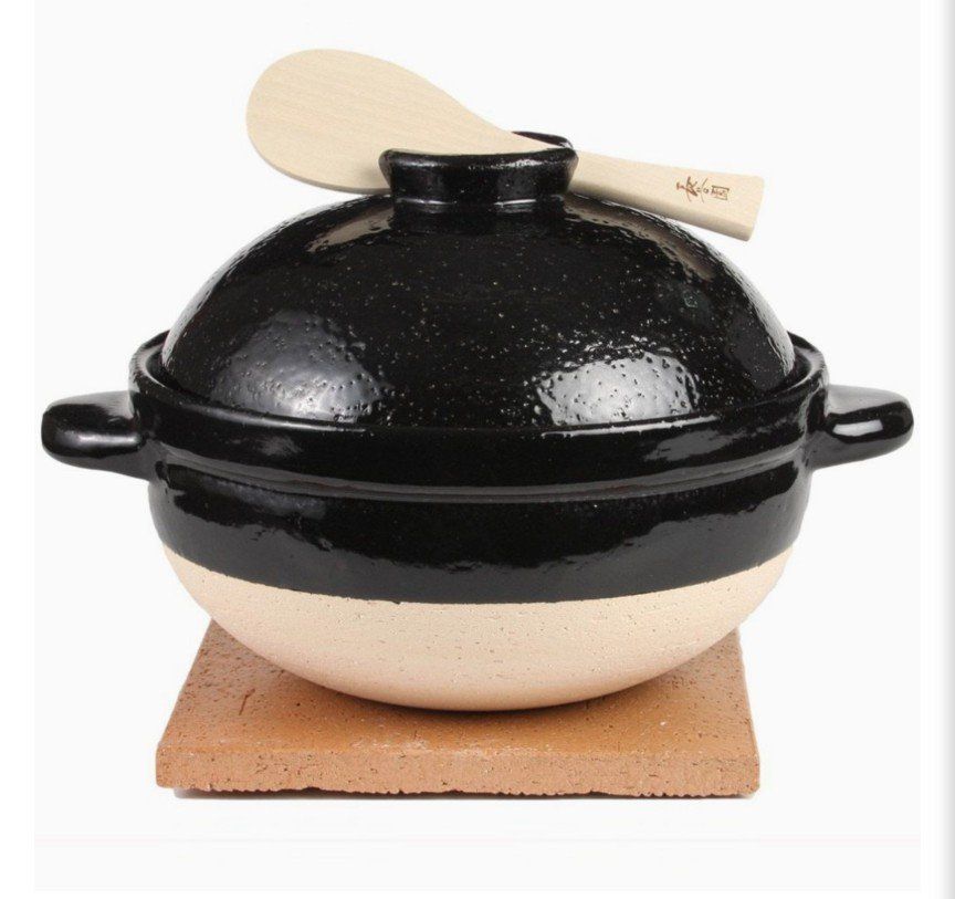 Japanese Donabe Gohan Nabe Earthenware Rice Cooker - Black Ceramic Clay Pot with Lid & Spoon