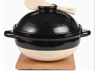 Japanese Donabe Gohan Nabe Earthenware Rice Cooker - Black Ceramic Clay Pot with Lid & Spoon