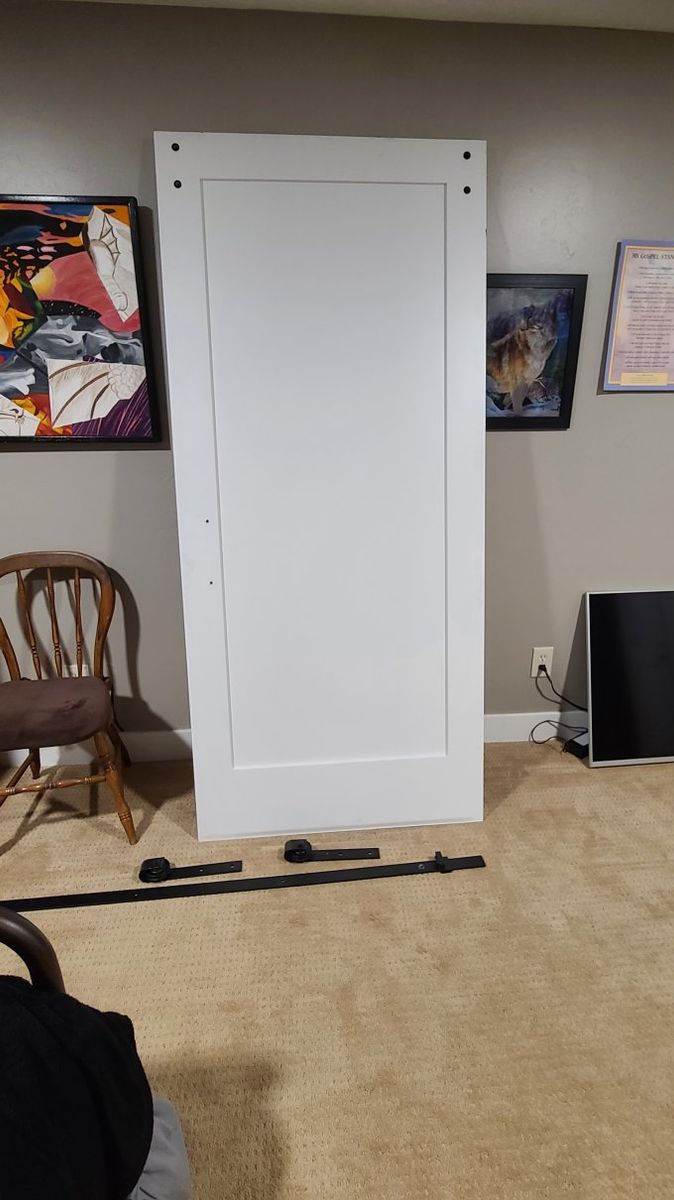 White Sliding Barn Door with Black Hardware Track and Rollers 36 inch by 80 inch