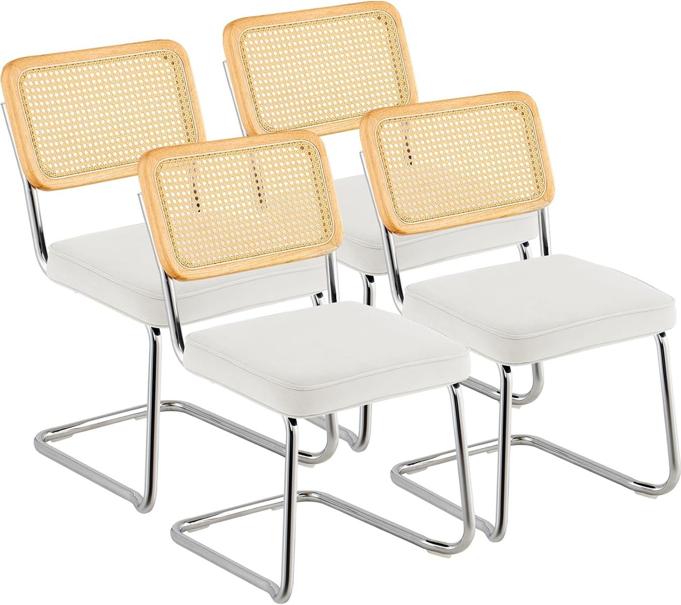 White Velvet & Rattan Mid Century Modern Dining Chair Set of 4