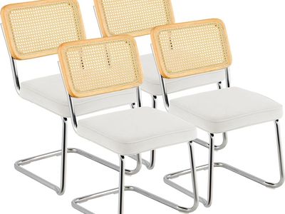 White Velvet & Rattan Mid Century Modern Dining Chair Set of 4