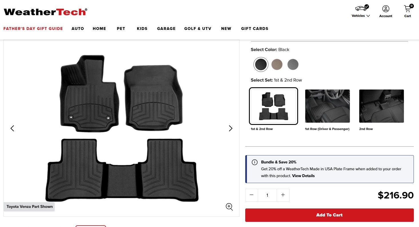 WeatherTech Custom Fit FloorLiner and Cargo Liner Set for Toyota Venza (2021-2024) - Black, 1st/2nd Row & Cargo