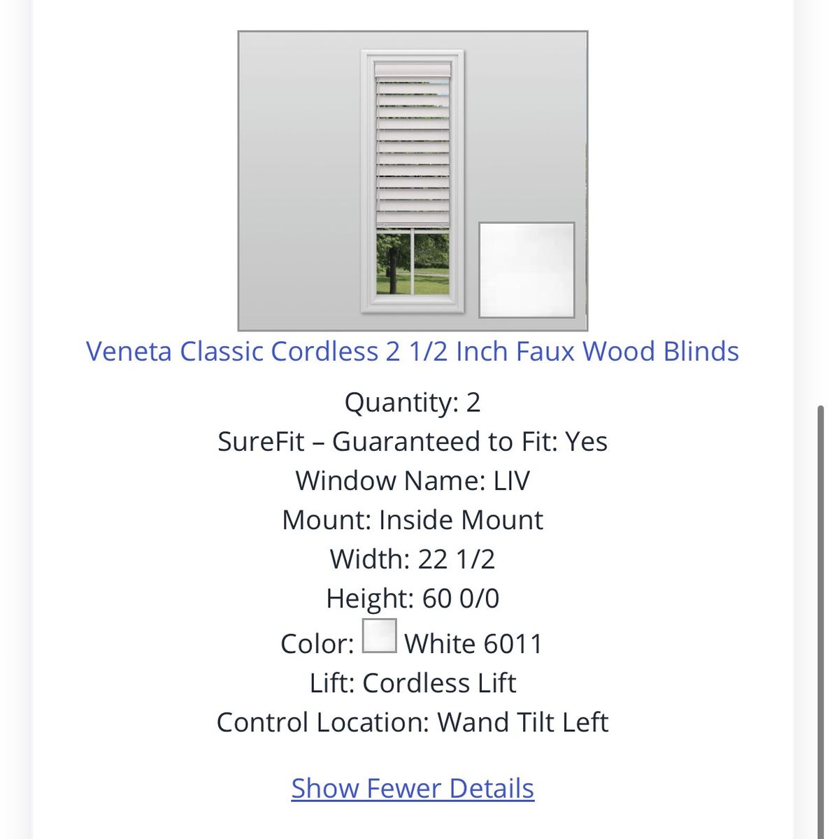 NEW Veneta Classic Cordless 2 1/2 Inch Faux Wood Blinds 22” W x 60” L