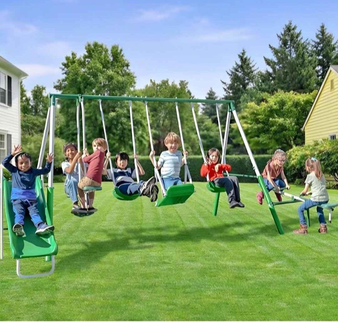 Sportspower Park Ridge Metal Swing Set for Ages 3-8, 2 Swings, Standing Swing, Roman Glider, Teeter Totter, 5ft Slide, 6.1ft Dur