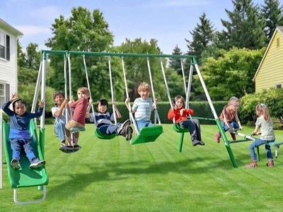 Sportspower Park Ridge Metal Swing Set for Ages 3-8, 2 Swings, Standing Swing, Roman Glider, Teeter Totter, 5ft Slide, 6.1ft Dur
