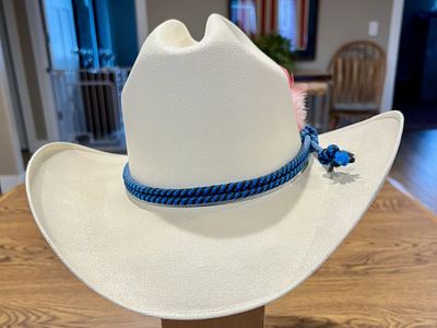 Indiana Hats White Straw Cowboy Hat Medium (size 7) with Blue Hat Band and Feathers