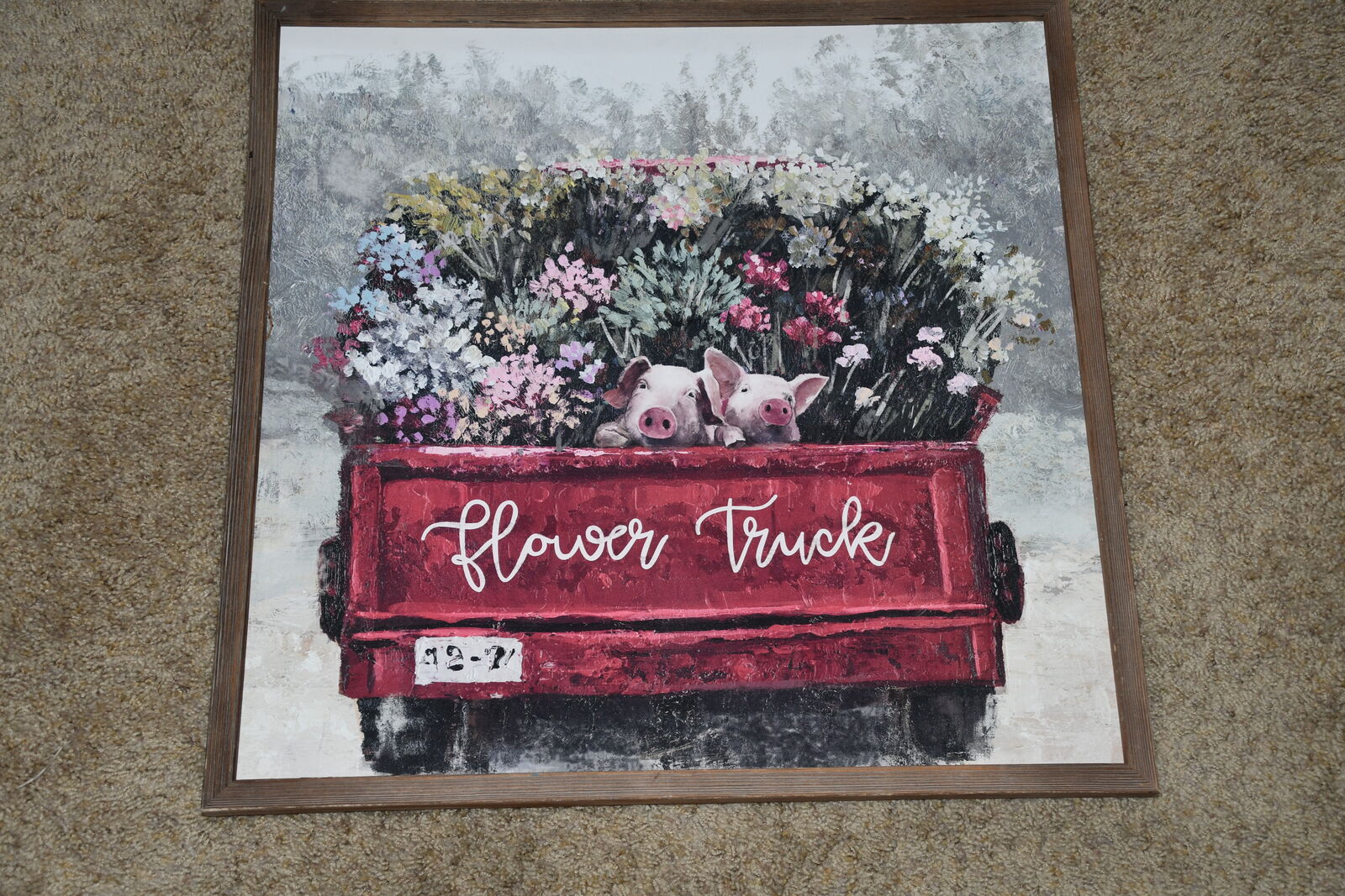 "FLOWER TRUCK" PICTURE ~ 2 PIGS ~ 21" x 21" FRAMED ~ CUTE!