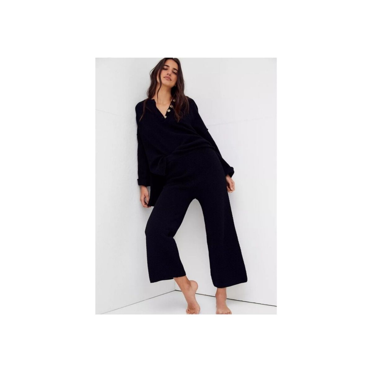 Free People Beach Hailee Sweater Two Piece Set Top Crop Wide Leg Pant Black XS
