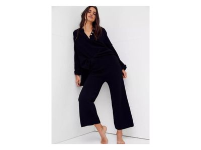 Free People Beach Hailee Sweater Two Piece Set Top Crop Wide Leg Pant Black XS