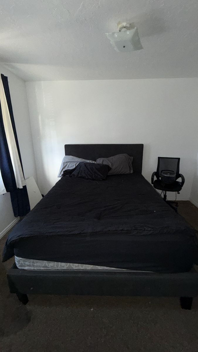 Queen Size Platform Bed Frame with Headboard - Dark Gray Upholstered Fabric